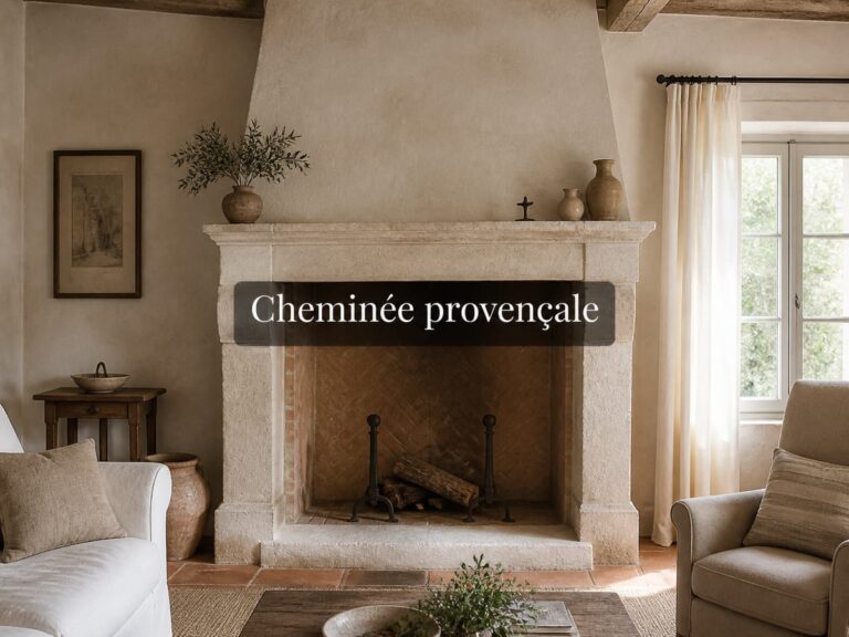 Cheminée en pierre calcaire claire avec linteau et jambages apparents dans un intérieur lumineux, accompagnée du texte « Cheminée provençale ».
