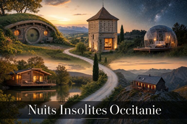 Collage d'hébergements insolites en Occitanie : une maison de Hobbit, un pigeonnier luxueux, un dôme géodésique sous la nuit étoilée, une cabane flottante et un refuge de montagne panoramique, reliés par une route de campagne à l'heure dorée, avec le titre 'Nuits Insolites Occitanie' en surimpression en bas.