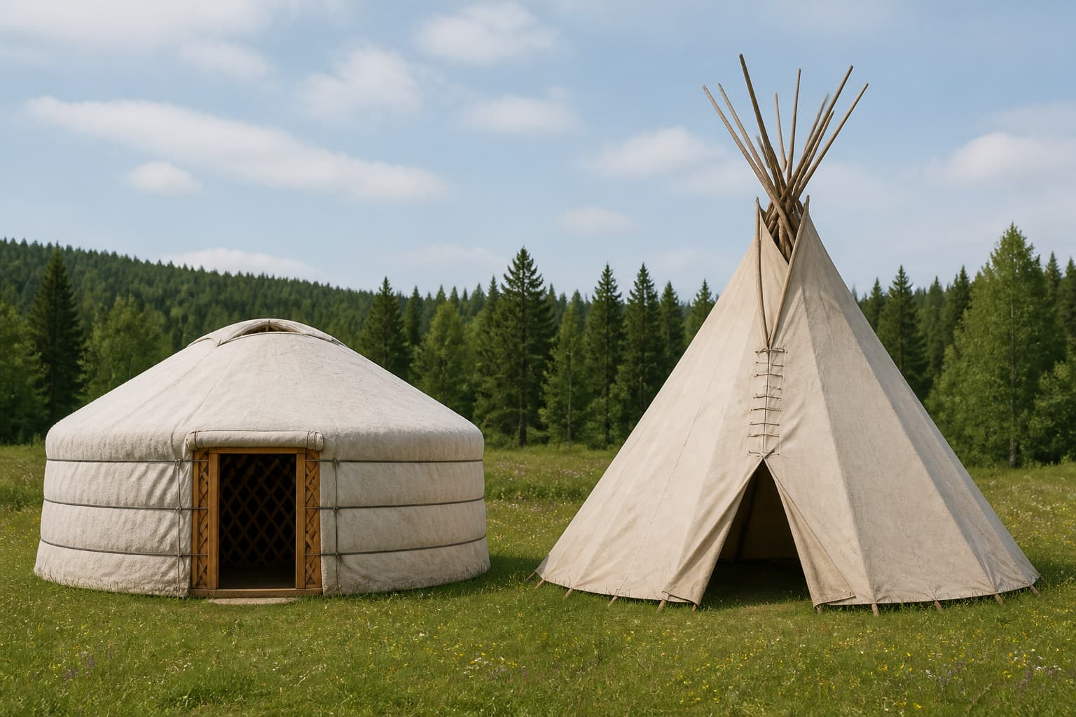 Deux hébergements insolites distincts, une yourte ronde à gauche et un tipi conique à droite, placés côte à côte dans une prairie naturelle.
