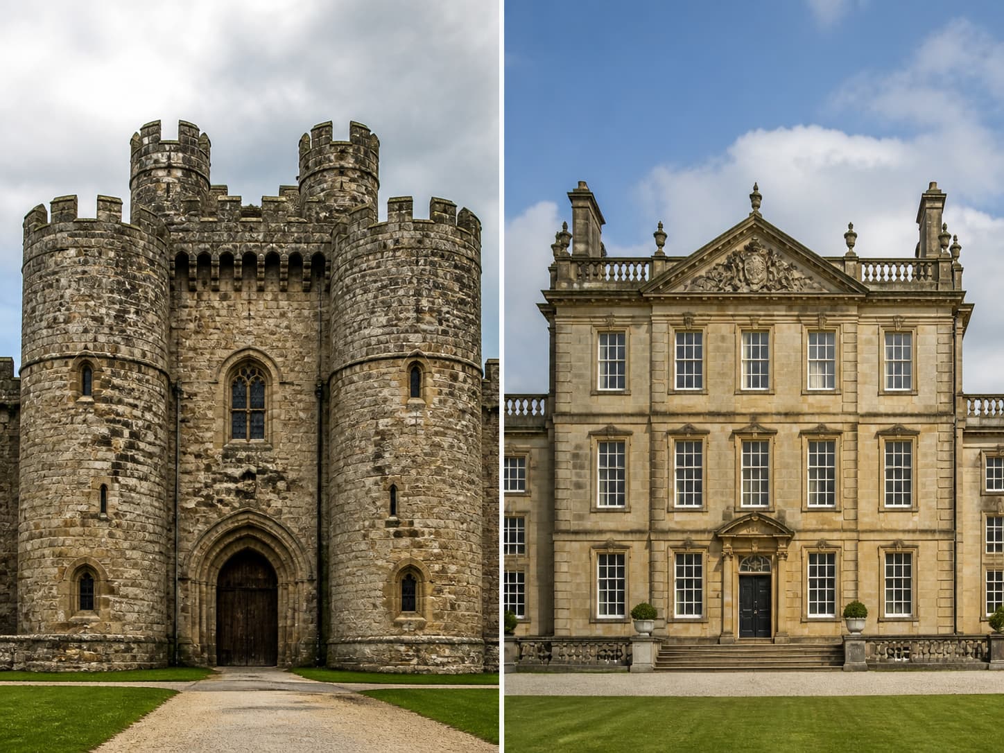 Comparaison visuelle entre une forteresse médiévale en pierre aux petites fenêtres et une demeure classique aux grandes fenêtres symétriques.