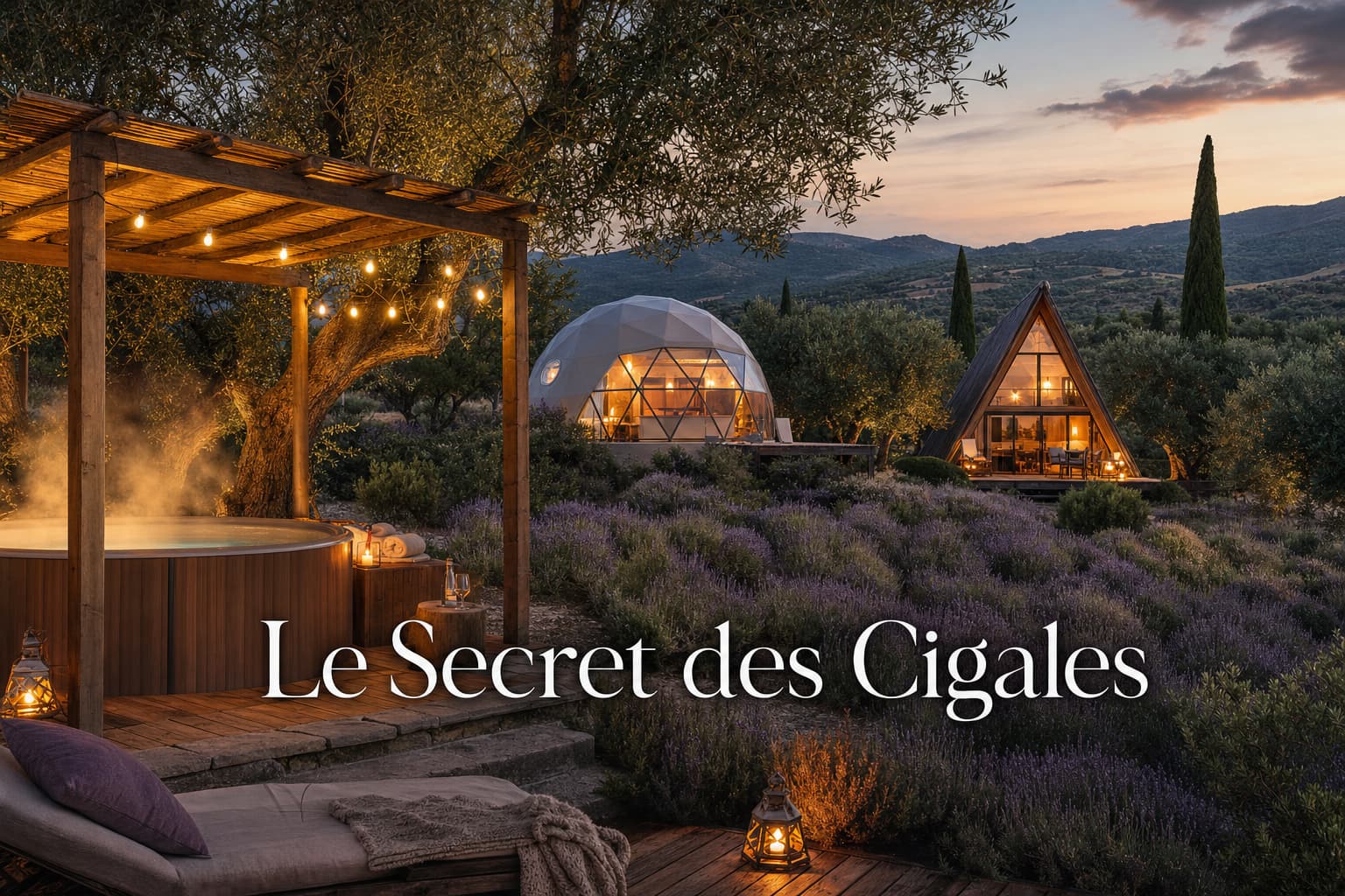 Un domaine isolé dans les Corbières comprenant un dôme géodésique et un chalet en A au milieu d