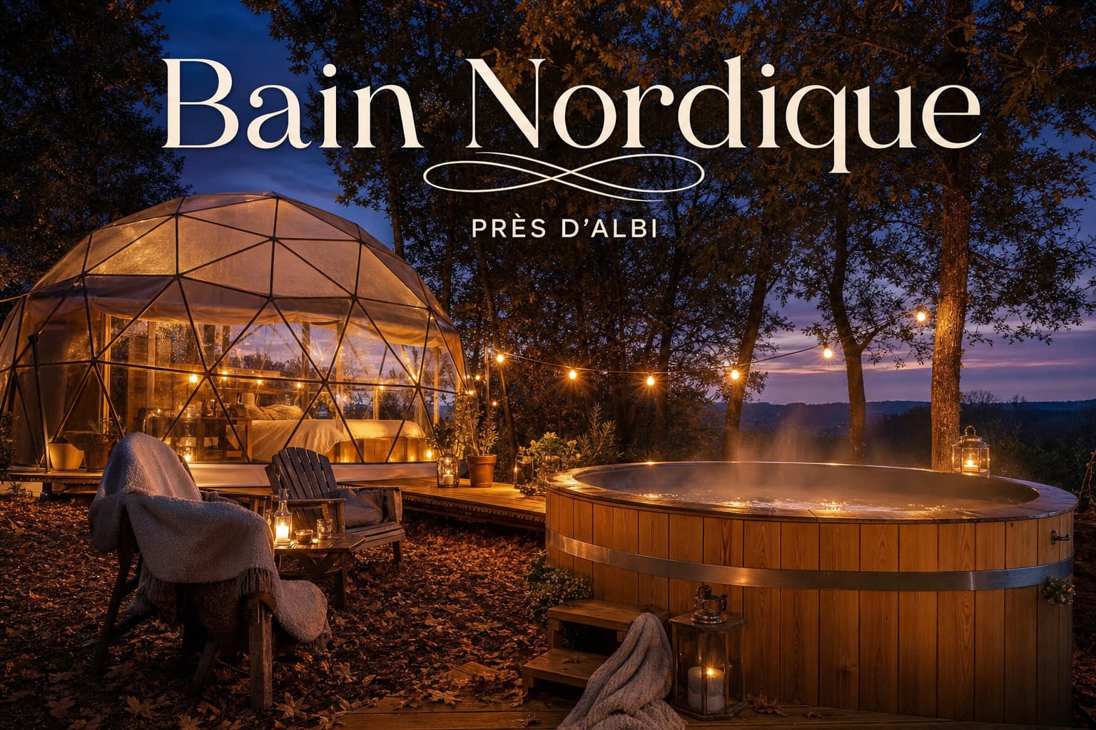 Dôme géodésique dans un jardin privé avec un bain nordique en bois dégageant de la vapeur, sous des guirlandes lumineuses, feuilles d
