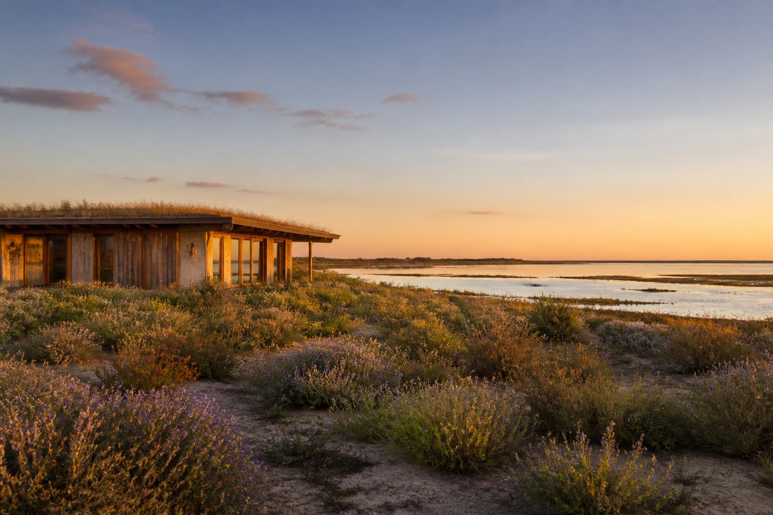 Écolodge en bois et pierre avec toiture végétalisée dans un paysage de salins de Camargue