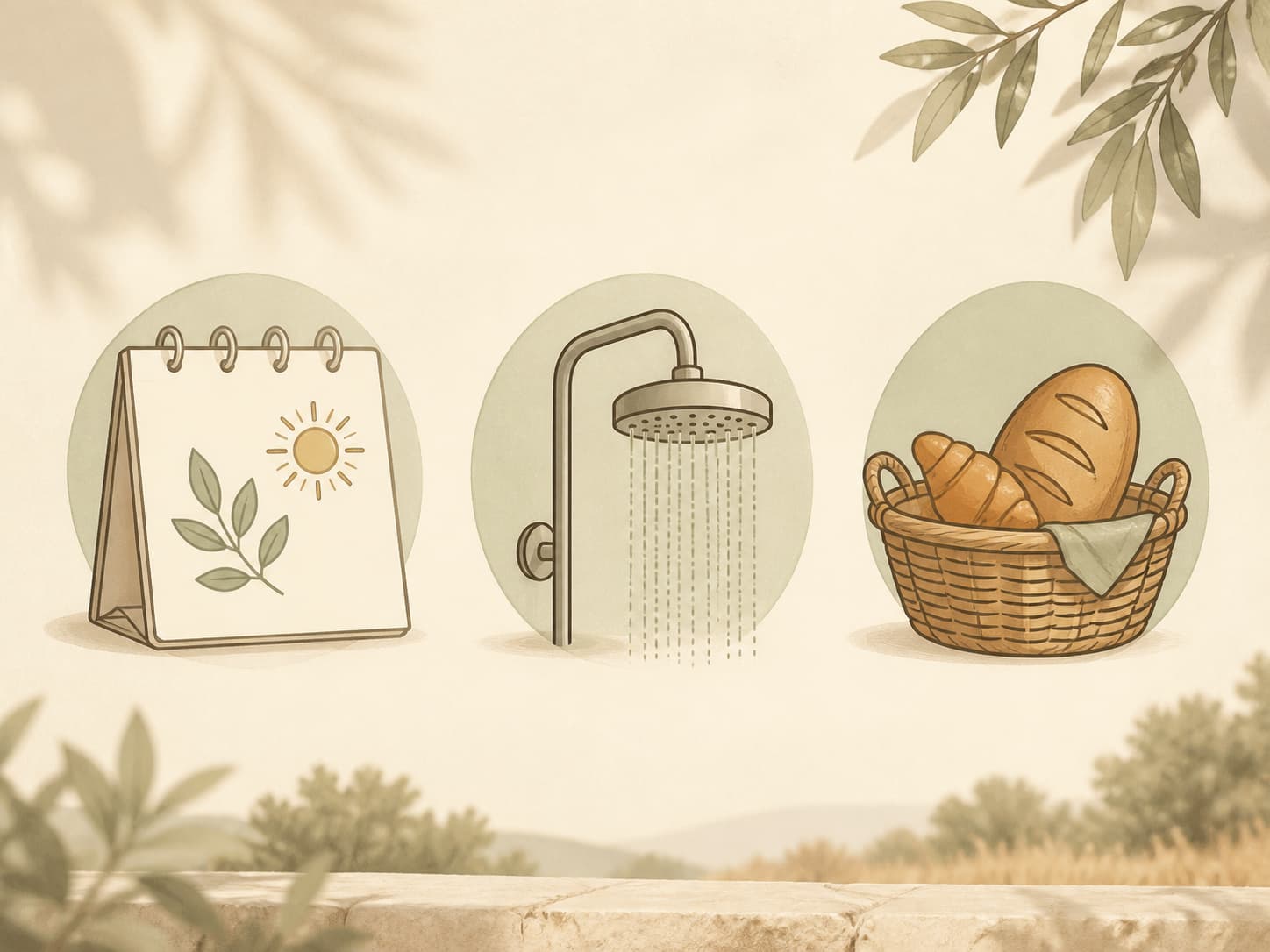 Trois icônes représentant les facteurs influençant le prix d’une nuit en yourte : un calendrier pour la saison, une pomme de douche pour les sanitaires privatifs et un panier repas pour le petit-déjeuner inclus, disposés sur un fond sobre.
