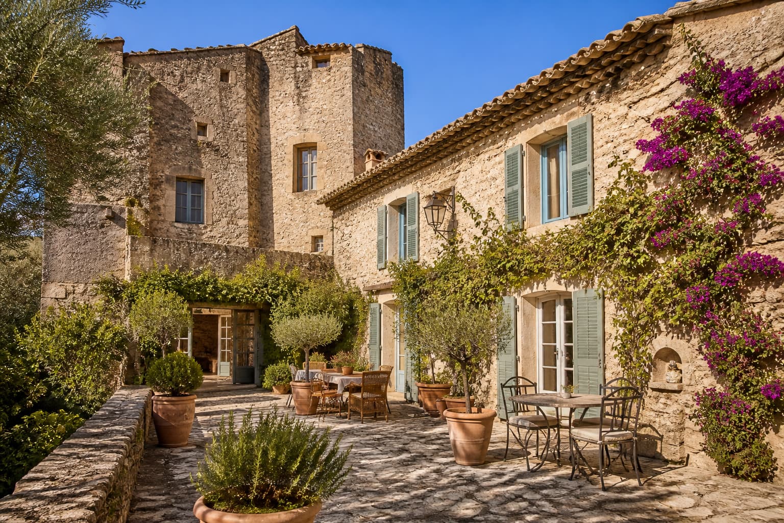 Forteresse provençale transformée en lieu d’accueil, avec une cour ombragée de végétation méditerranéenne sous une lumière du sud.