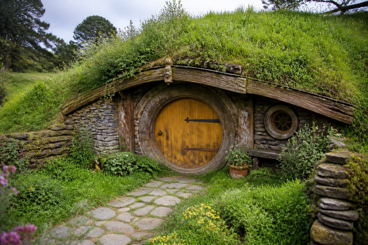 Maison de hobbit avec porte ronde en bois intégrée dans une colline herbeuse, entourée de végétation naturelle et de détails en pierre.
