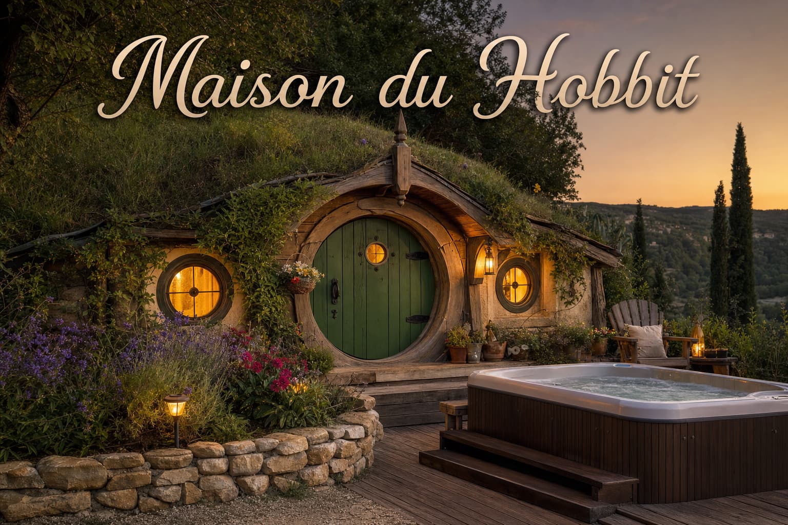 Une maison de Hobbit photoréaliste intégrée à une colline herbeuse, avec une porte ronde verte, des fenêtres circulaires, des fleurs, et un spa privé sur une terrasse en bois, entourée d
