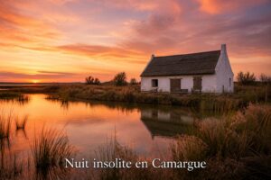 Une cabane de gardian traditionnelle au milieu d'un paysage de marais camarguais au coucher du soleil, avec le texte 'Nuit insolite en Camargue' incrusté.