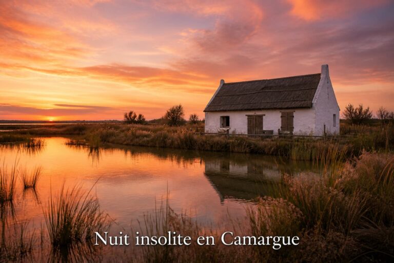 Une cabane de gardian traditionnelle au milieu d'un paysage de marais camarguais au coucher du soleil, avec le texte 'Nuit insolite en Camargue' incrusté.