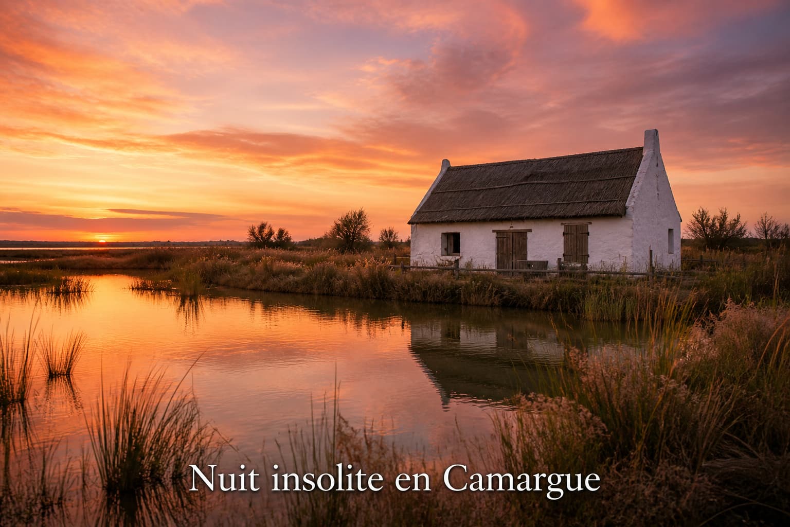 Cabane de gardian traditionnelle au coucher du soleil dans un marais camarguais