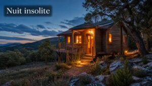 Hébergement insolite en bois éclairé chaleureusement, entouré de végétation au crépuscule, avec le texte « Nuit insolite » en surimpression.