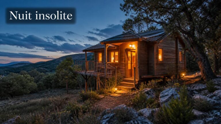 Hébergement insolite en bois éclairé chaleureusement, entouré de végétation au crépuscule, avec le texte « Nuit insolite » en surimpression.