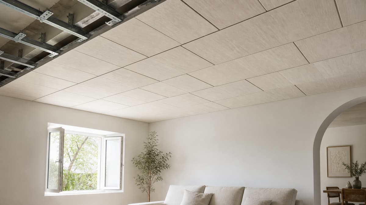 Panneaux décoratifs imitation bois clair alignés sur une structure légère de faux plafond dans une pièce à la finition propre.