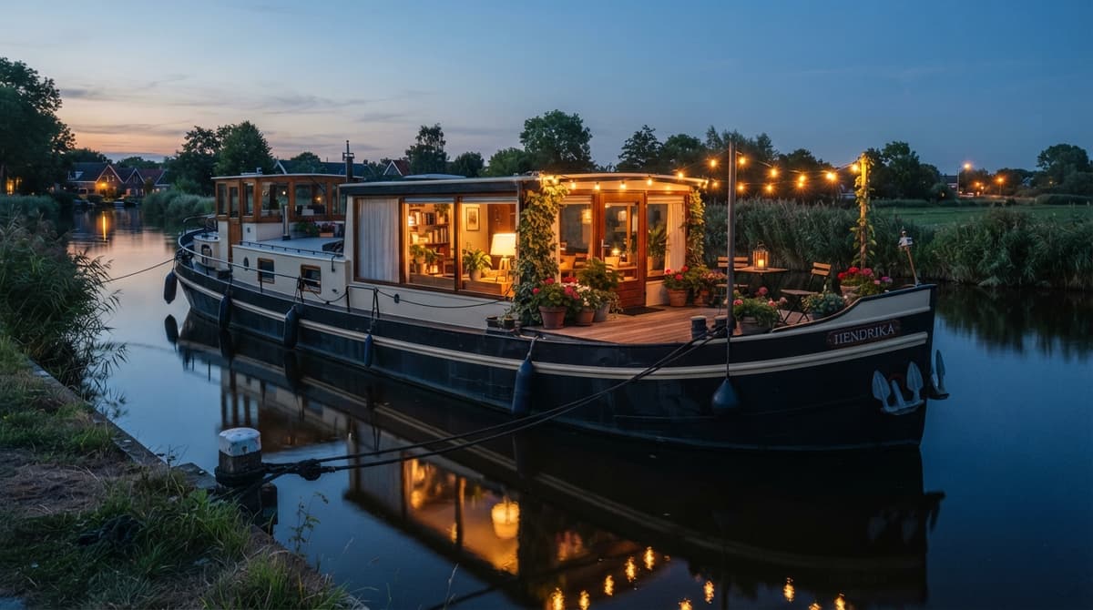 Péniche aménagée en logement amarrée sur un canal calme, avec fenêtres éclairées, pont en bois et reflets chaleureux sur l