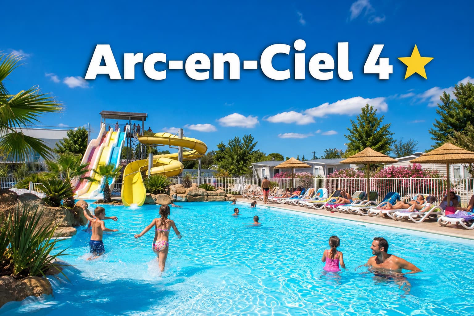 Vaste piscine turquoise avec toboggans et enfants jouant, transats sous un ciel bleu, et texte superposé