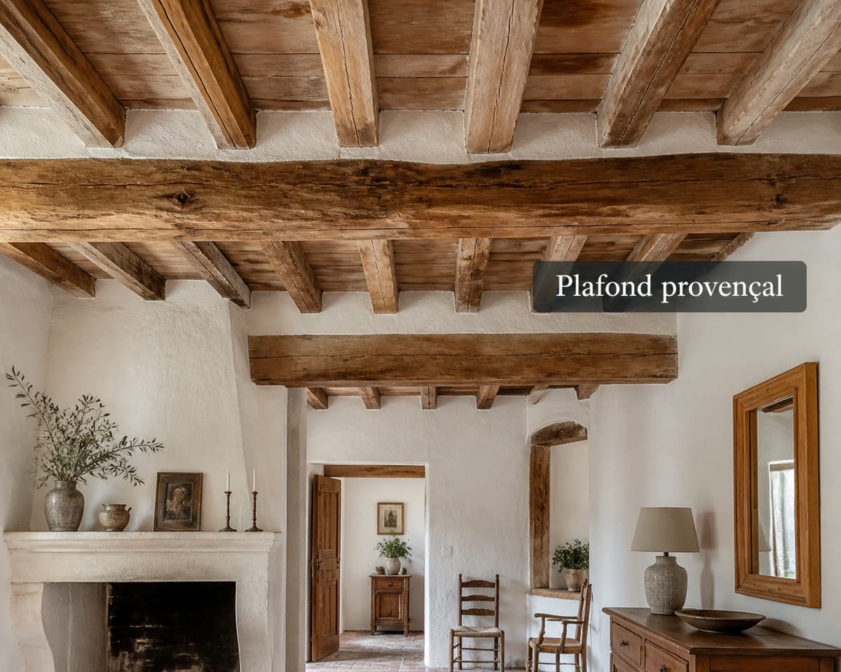 Plafond provençal traditionnel avec poutres et planches de bois apparentes, surfaces claires en plâtre et chaux, dans une pièce lumineuse.