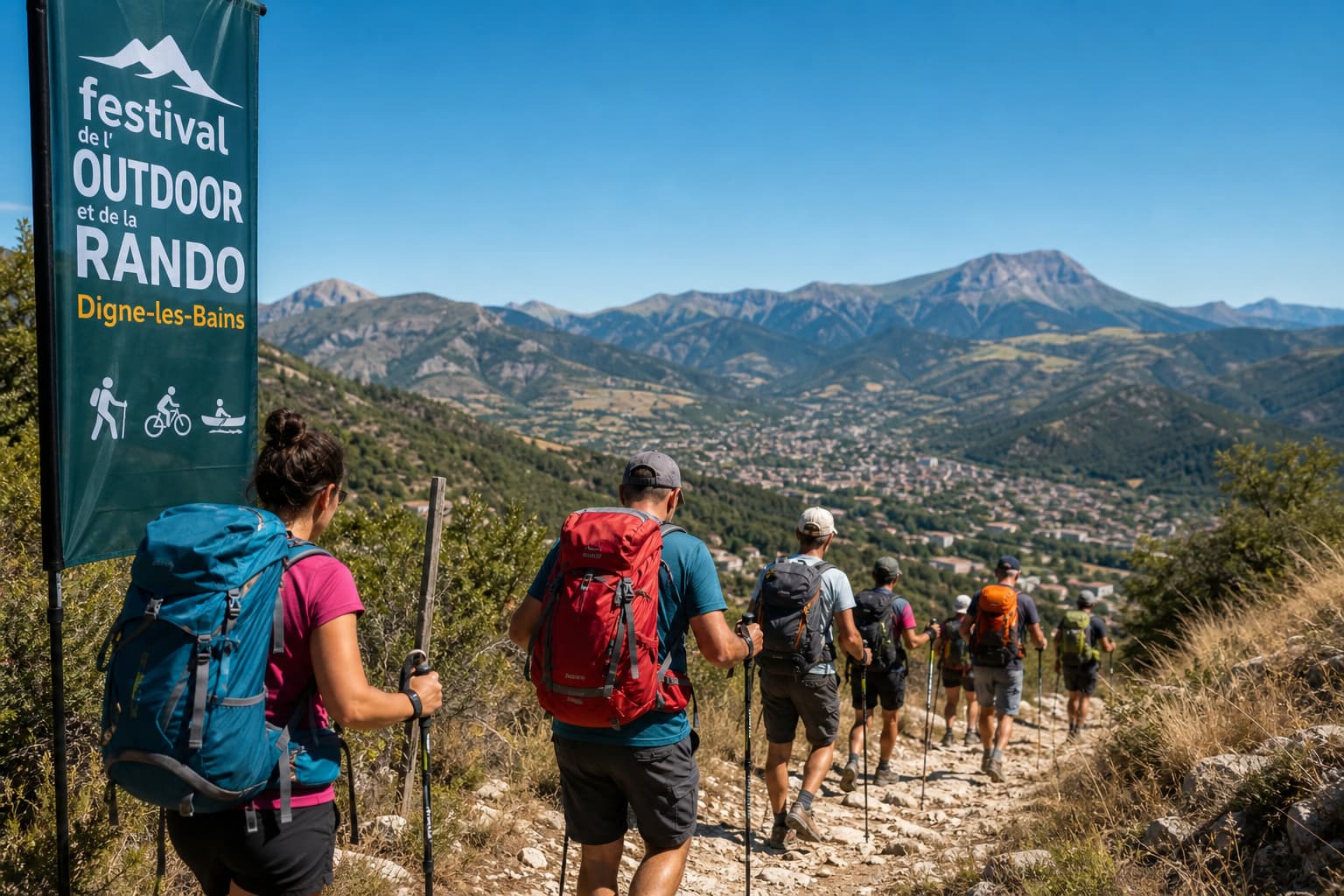 Un groupe de randonneurs avec des sacs à dos colorés et des bâtons de marche, marchant sur un sentier panoramique près de Digne-les-Bains, sous un ciel bleu clair, avec des montagnes en arrière-plan.