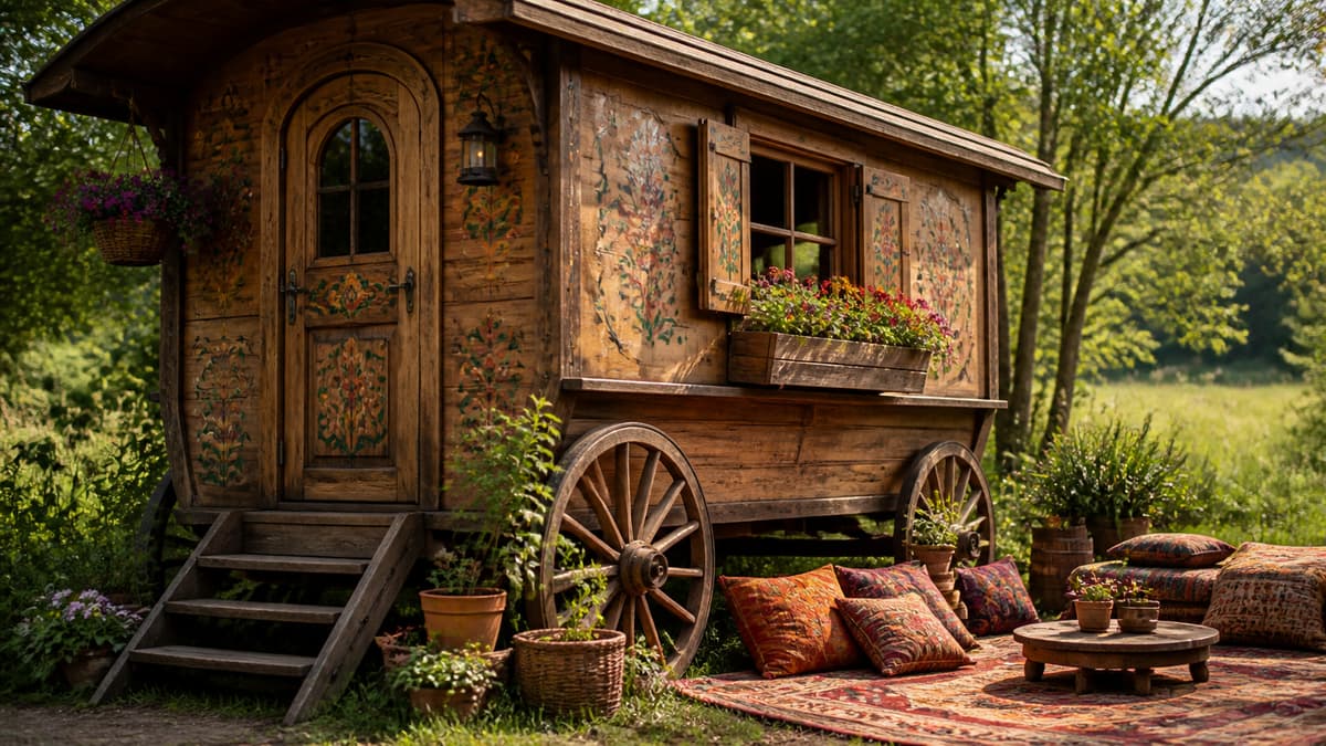 Roulotte en bois coloré avec des roues, une petite porte et un espace extérieur aménagé dans un cadre naturel.