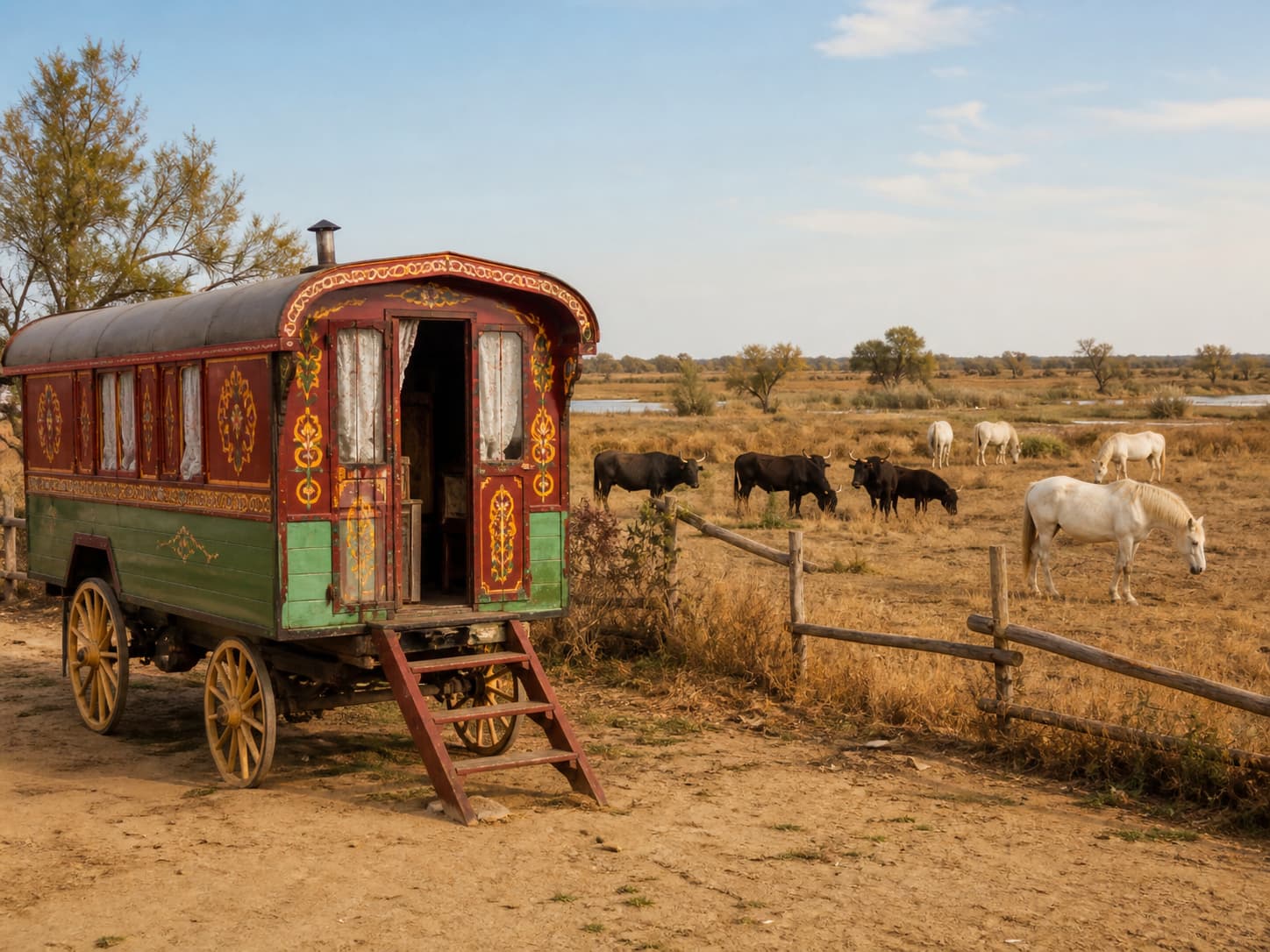 Roulotte traditionnelle colorée dans un enclos de manade avec taureaux et chevaux camarguais