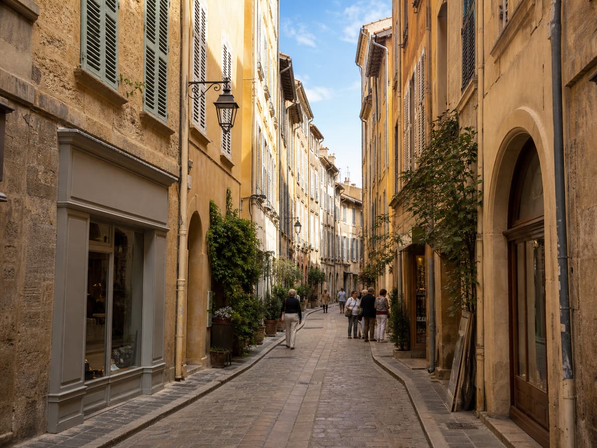 Rue piétonne étroite bordée de façades anciennes avec quelques passants et des commerces de proximité dans le centre historique d