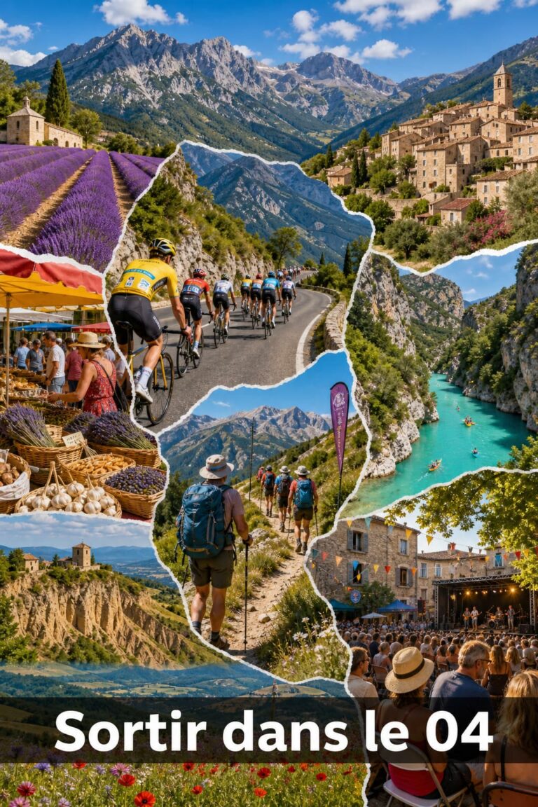 Collage vibrant présentant des événements de plein air dans les Alpes-de-Haute-Provence, avec des cyclistes, des randonneurs, des villages provençaux et un bandeau sombre semi-transparent en bas affichant 'Sortir dans le 04'.
