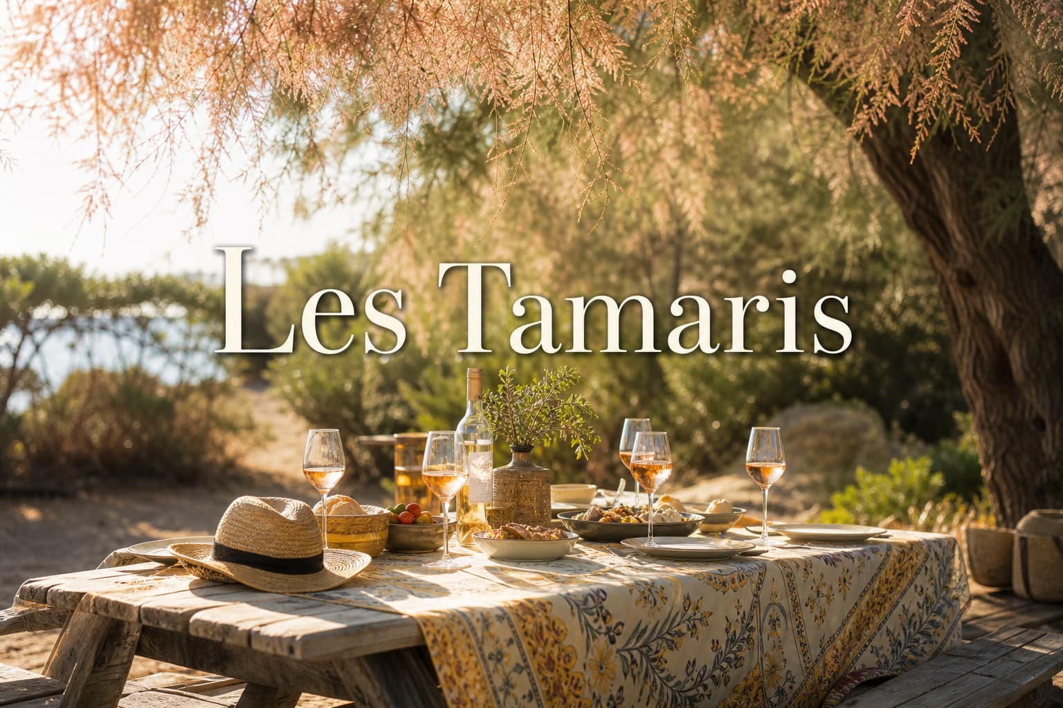 Table de pique-nique rustique sous des tamaris avec une nappe colorée, des verres à vin, une lumière tamisée et le texte