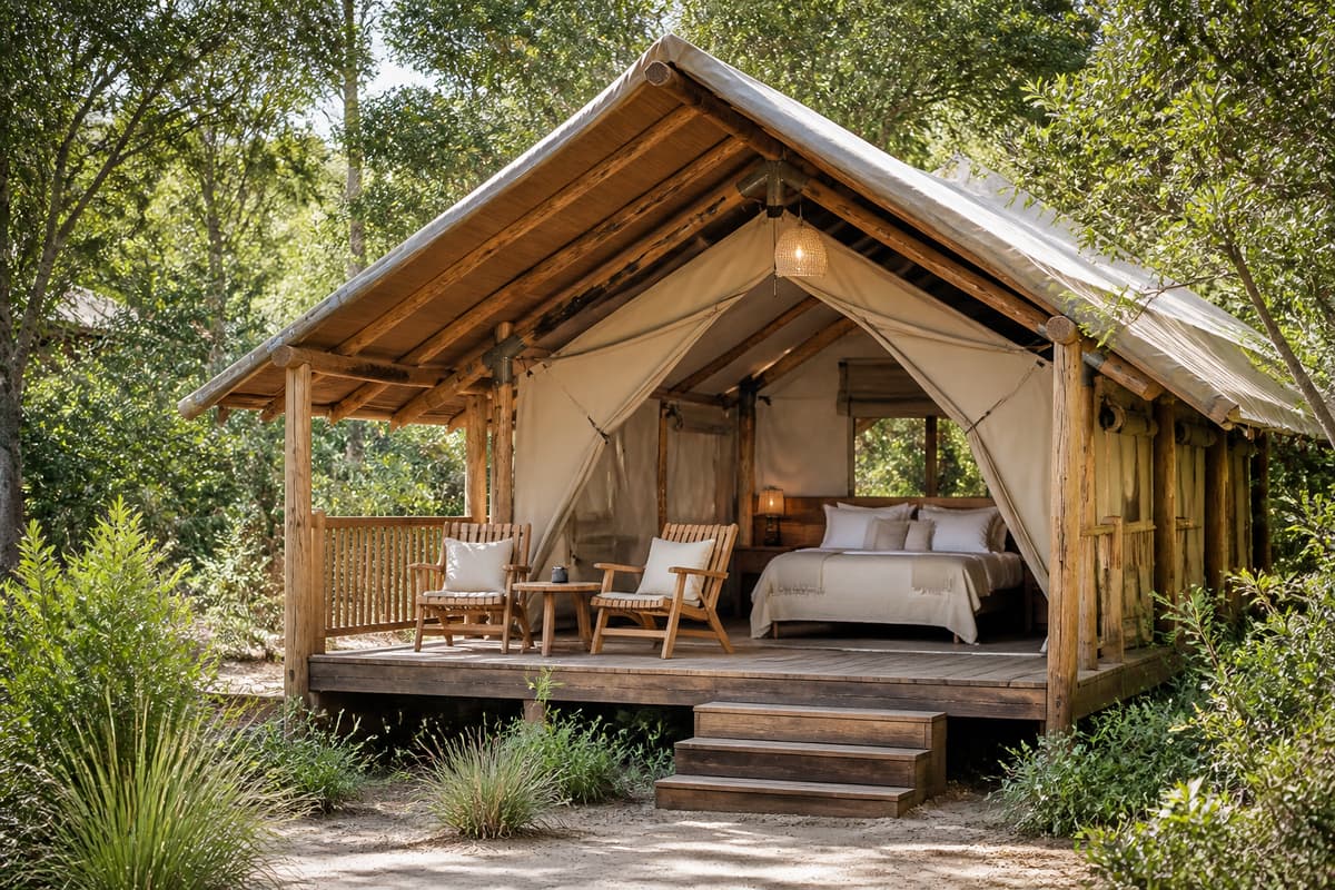 Tente lodge en bois avec lit confortable visible, terrasse en bois et végétation environnante.