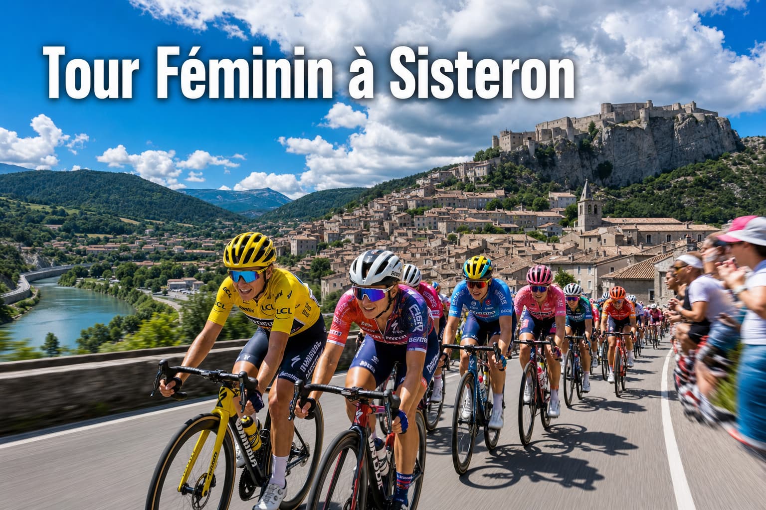 Peloton du Tour de France féminin traversant Sisteron sous le soleil, avec la citadelle en arrière-plan et le texte superposé « Tour Féminin à Sisteron ».