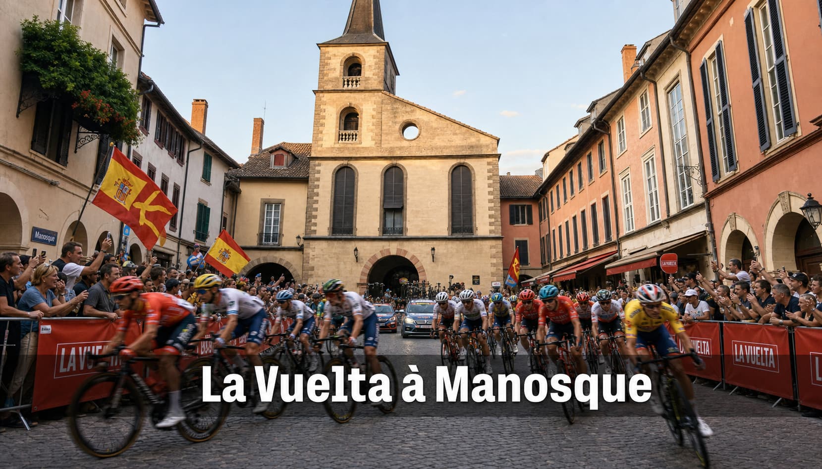 Le peloton de la Vuelta a España traverse le centre historique de Manosque, passant sous des portes médiévales, avec des façades provençales colorées et des spectateurs enthousiastes, un texte