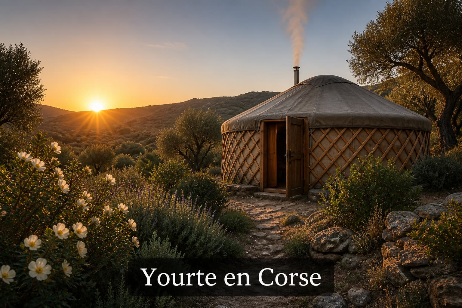 Une yourte ronde traditionnelle au petit matin dans le maquis corse, avec une végétation méditerranéenne et une lumière douce.