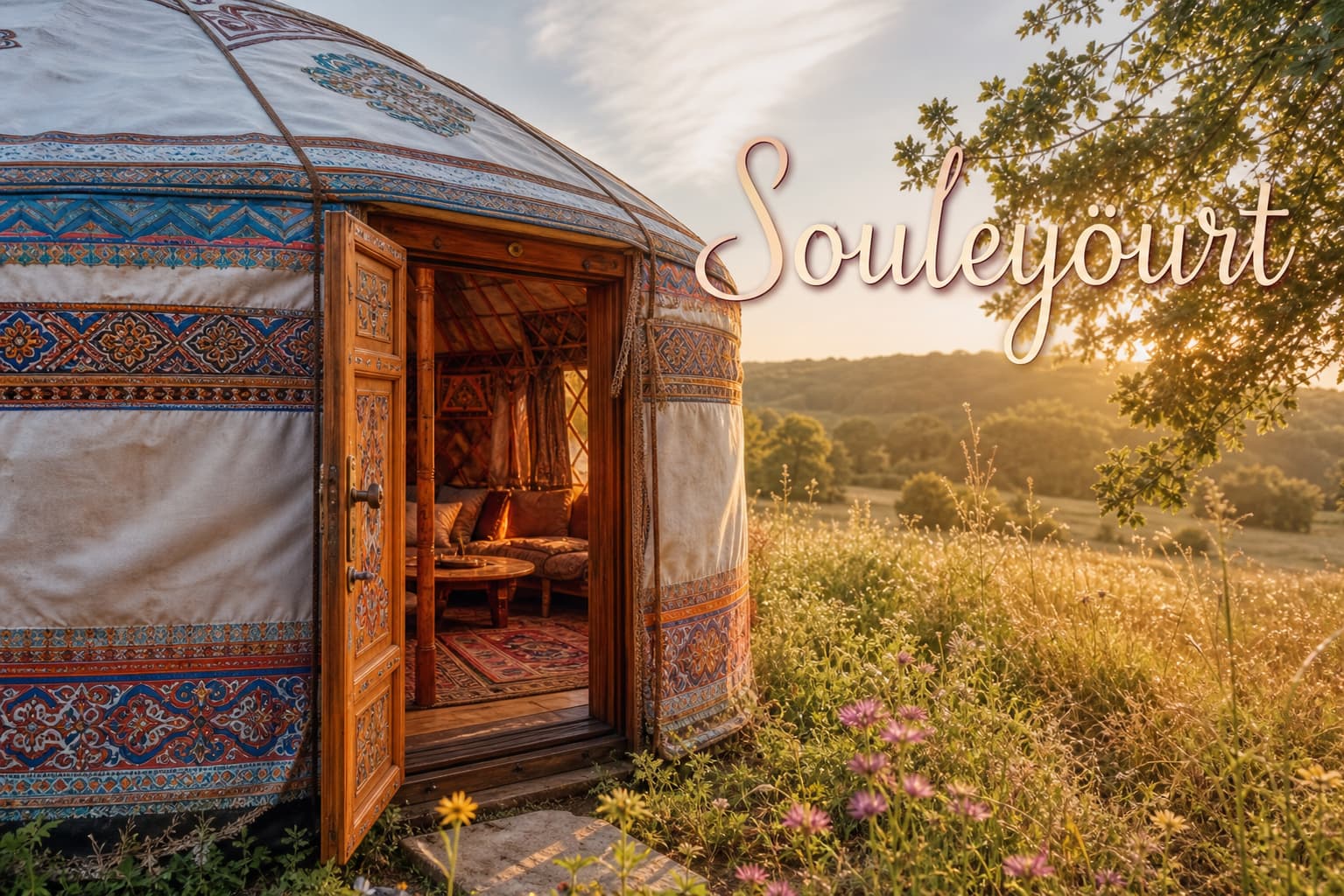 Yourte mongole authentique dans un champ ensoleillé du Languedoc, décorations colorées peintes à la main, porte en bois ouverte sur une prairie, intérieur bohème visible, lumière de fin d