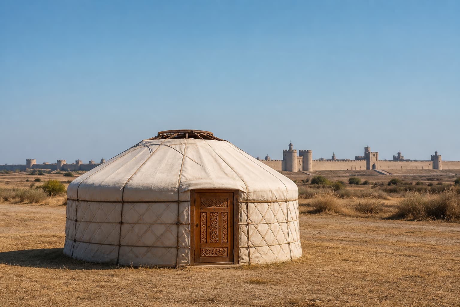 Yourte mongole à la toile claire avec les remparts d